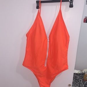 Neon Orange Zipper Front One Piece Swimsuit